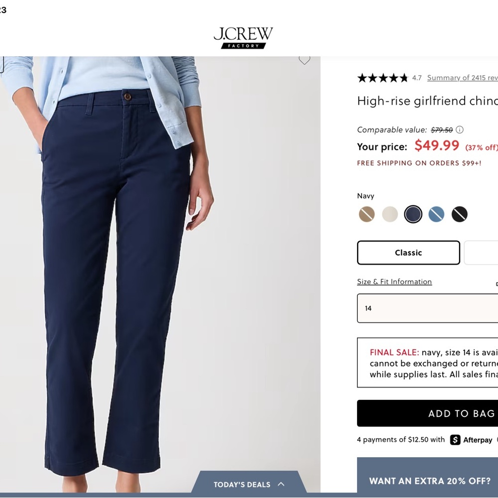 J.Crew High-Rise Girlfriend Chinos. Navy And Black, New With Tags Size 14 - Picture 2 of 5